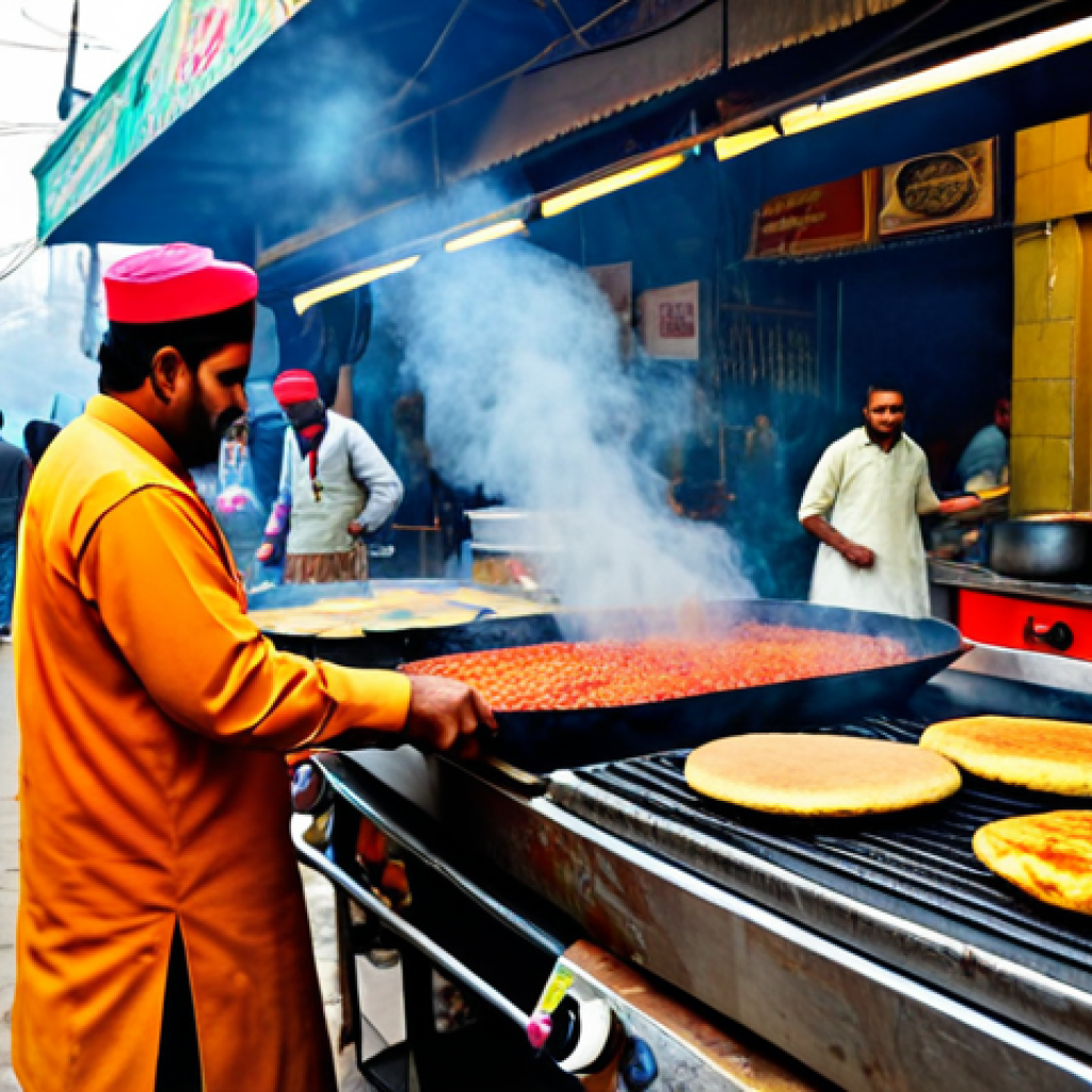 **

A vibrant street food scene in Lahore, Pakistan. Focus on a vendor preparing *aloo tikki* (potato patties) on a sizzling griddle. Capture the steam rising, the vendor's skilled hands, and the colorful array of chutneys and spices. Include details like a hand-painted sign, crowded customers, and traditional Pakistani clothing. Safe for work, appropriate content, fully clothed, family-friendly, professional photography, natural proportions.

**