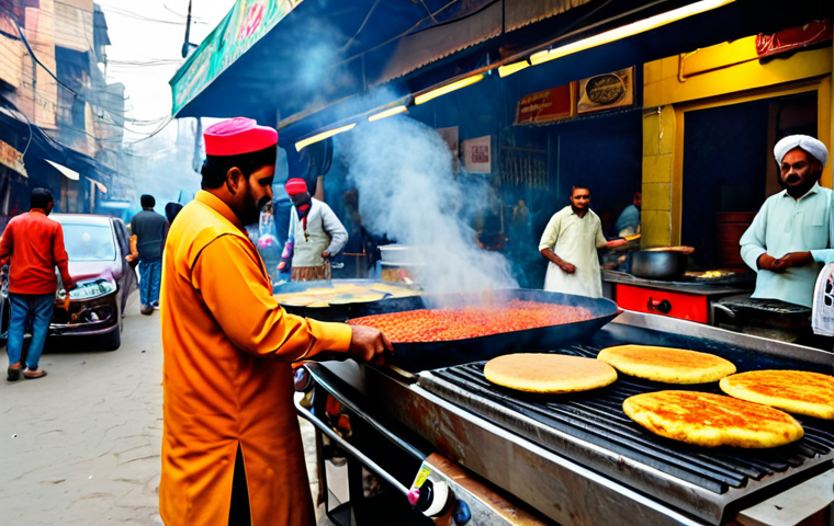 **

A vibrant street food scene in Lahore, Pakistan. Focus on a vendor preparing *aloo tikki* (potato patties) on a sizzling griddle. Capture the steam rising, the vendor's skilled hands, and the colorful array of chutneys and spices. Include details like a hand-painted sign, crowded customers, and traditional Pakistani clothing. Safe for work, appropriate content, fully clothed, family-friendly, professional photography, natural proportions.

**