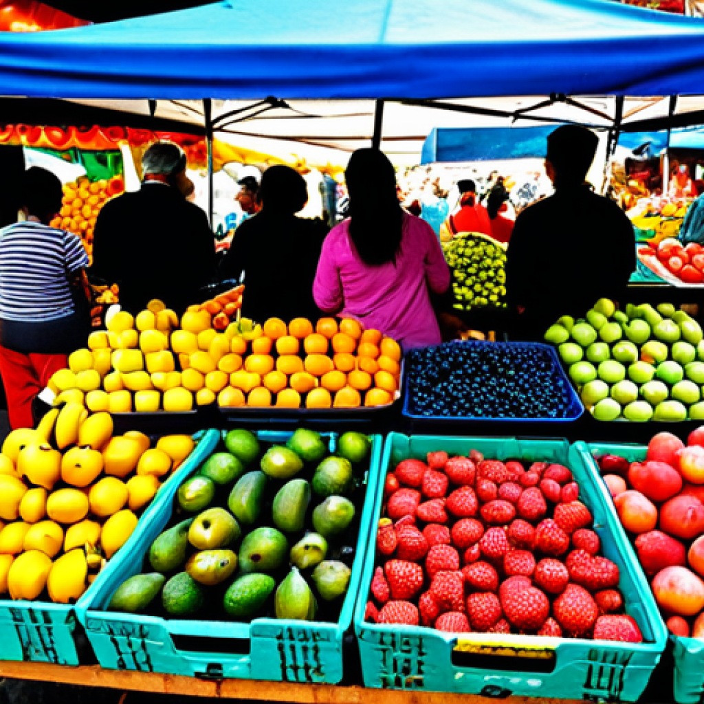 Colorful Fruit Stand**

"A vibrant fruit stand overflowing with colorful fruits like berries, bananas, avocados, apples, watermelon, and pomegranates. Fruits are neatly arranged, showcasing their textures and colors. Background: a bustling marketplace with people in modest clothing.  Professional photography, high resolution, perfect anatomy (of fruits), safe for work, appropriate content, fully clothed, family-friendly."

**
