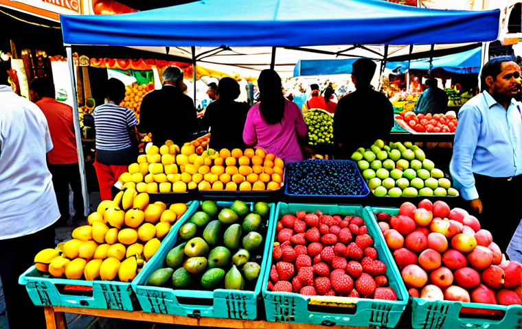 Colorful Fruit Stand**

"A vibrant fruit stand overflowing with colorful fruits like berries, bananas, avocados, apples, watermelon, and pomegranates. Fruits are neatly arranged, showcasing their textures and colors. Background: a bustling marketplace with people in modest clothing.  Professional photography, high resolution, perfect anatomy (of fruits), safe for work, appropriate content, fully clothed, family-friendly."

**