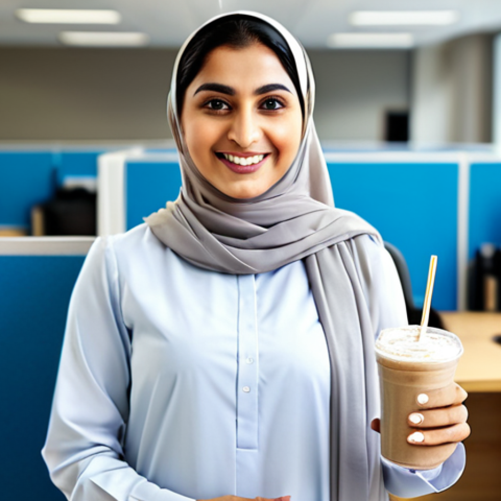 **

"A busy professional woman in a modest shalwar kameez, holding a meal replacement shake in a modern office setting. She is smiling slightly, looking directly at the viewer. The background is a blurred office environment with desks and computers. fully clothed, appropriate attire, safe for work, perfect anatomy, natural proportions, professional photography, high quality, family-friendly."

**