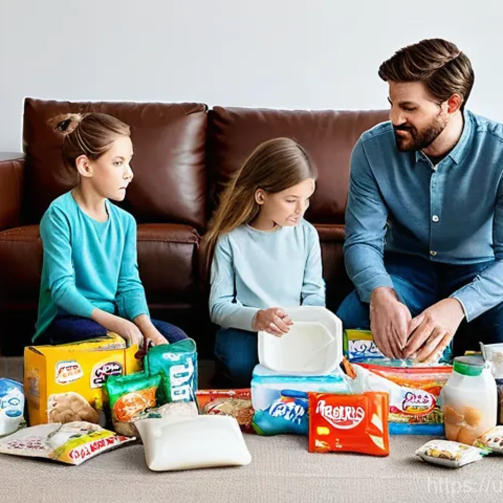 푸드 포장지와 재활용 정보 - **Prompt:** "A family of four – a father, mother, and their two children (a boy around 8 and a girl ...