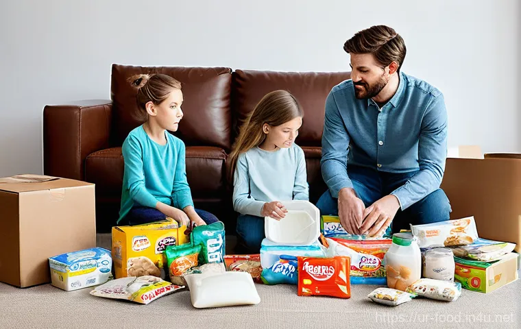 푸드 포장지와 재활용 정보 - **Prompt:** "A family of four – a father, mother, and their two children (a boy around 8 and a girl ...