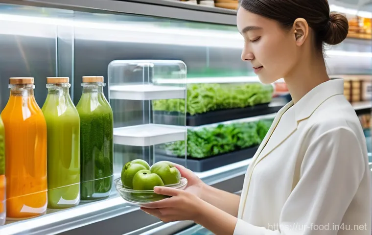 푸드 포장지와 재활용 정보 - **Prompt:** "A vibrant, bustling scene at a local, eco-conscious market. A diverse group of people (...