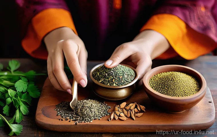 허브와 향신료의 효능 - **Prompt:** A cozy, warm kitchen scene bathed in soft, natural light, focusing on an elegantly arran...