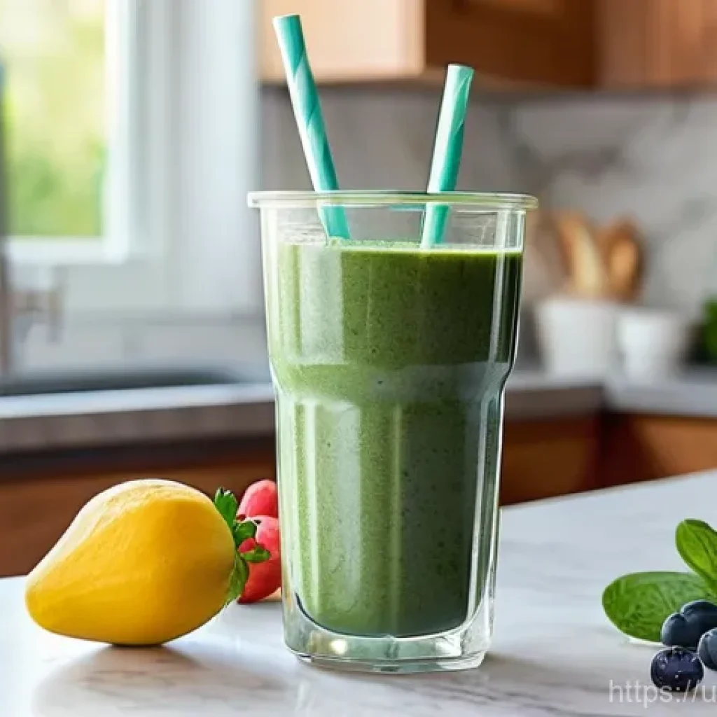 스무디 재료 추천 - **Vibrant Morning Energy Smoothie:** A bright and inviting scene featuring a young woman in comforta...