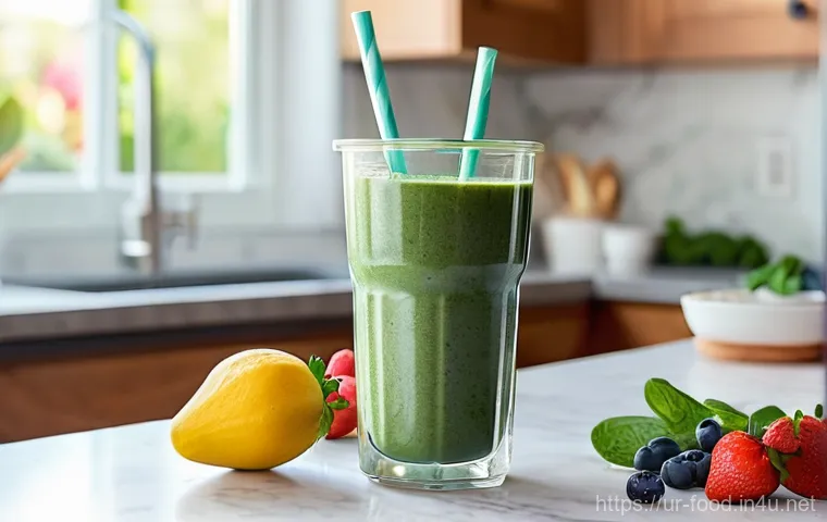 스무디 재료 추천 - **Vibrant Morning Energy Smoothie:** A bright and inviting scene featuring a young woman in comforta...