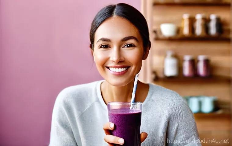 스무디 재료 추천 - **Vibrant Morning Energy Smoothie:** A bright and inviting scene featuring a young woman in comforta...