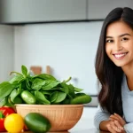 Home 16 채소 종류와 영양소 - **Prompt:** A young, radiant woman, approximately 25-30 years old, with a bright smile, dressed in c...