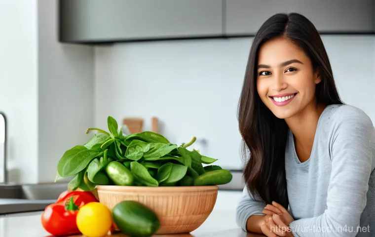 채소 종류와 영양소 - **Prompt:** A young, radiant woman, approximately 25-30 years old, with a bright smile, dressed in c...