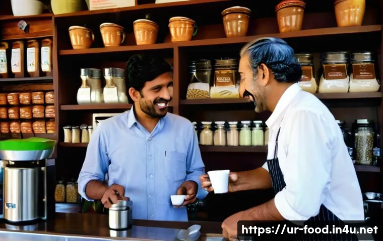 카페용 커피와 식자재 비교 - **Prompt:** "A bustling, sunlit Pakistani cafe scene. A skilled barista, wearing a clean, modest uni...